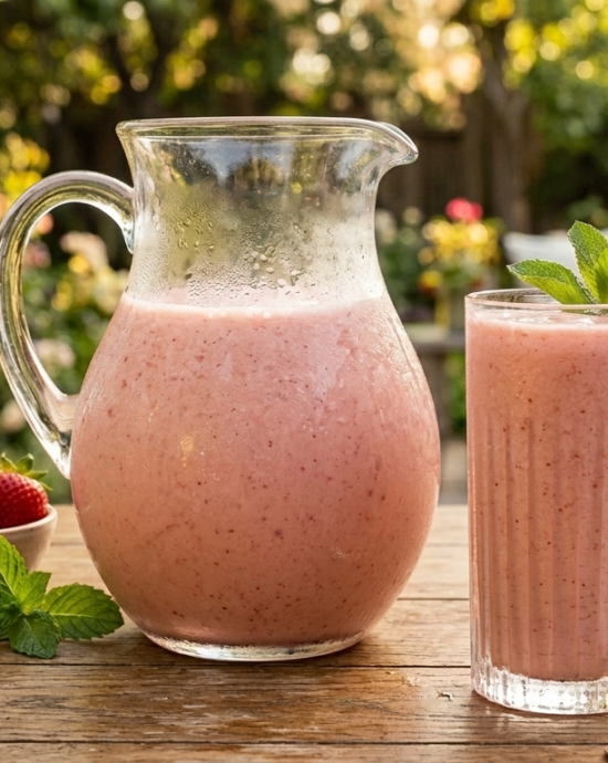Vaso de agua de fresa cremosa y trozos de fruta