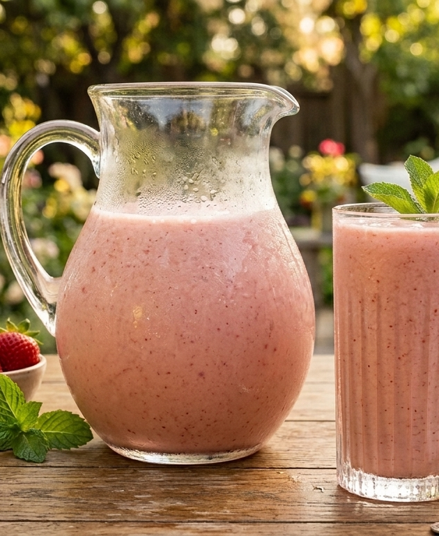 Vaso de agua de fresa cremosa y trozos de fruta
