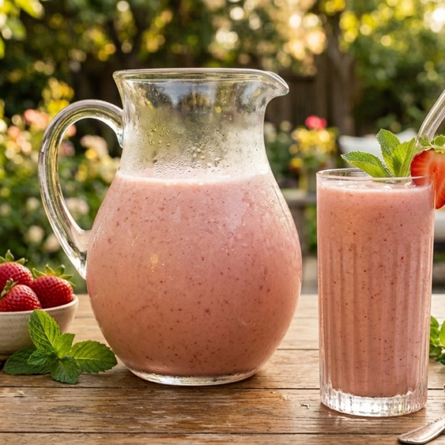 Vaso de agua de fresa cremosa y trozos de fruta