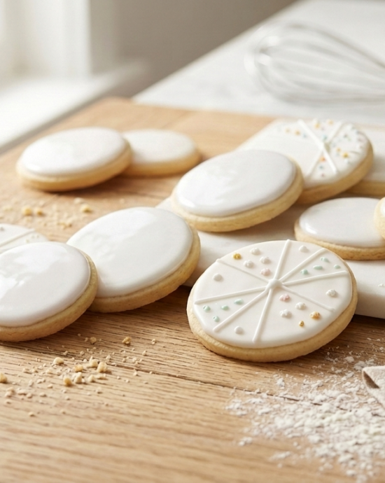 Bandeja de galletas de mantequilla glaseadas con diseños minimalistas en fondo claro.