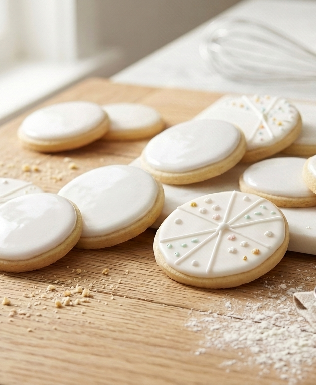 Bandeja de galletas de mantequilla glaseadas con diseños minimalistas en fondo claro.