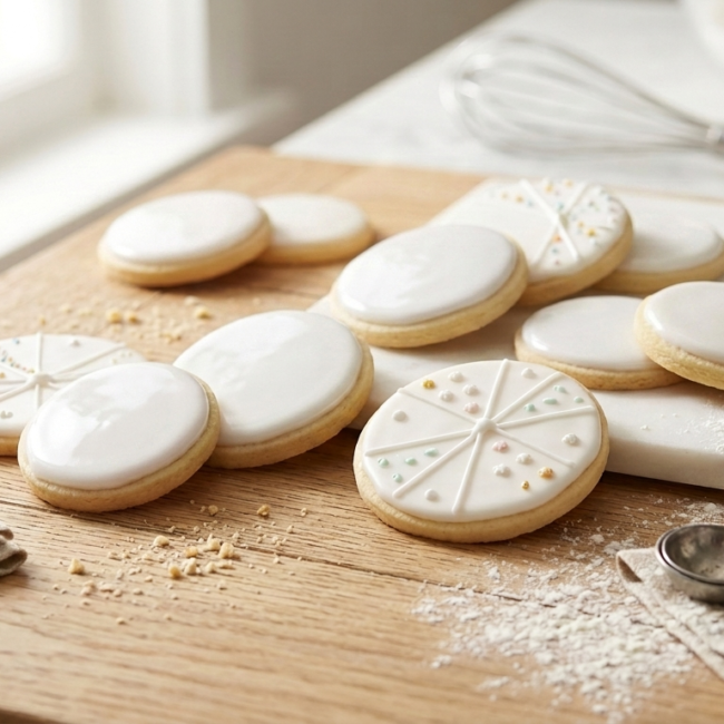 Bandeja de galletas de mantequilla glaseadas con diseños minimalistas en fondo claro.