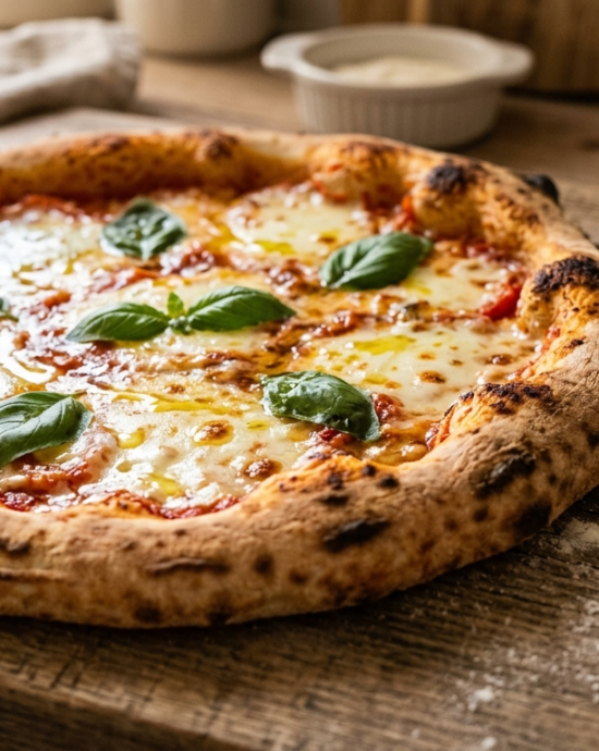 Pizza casera recién horneada con queso derretido y albahaca sobre una tabla de madera.