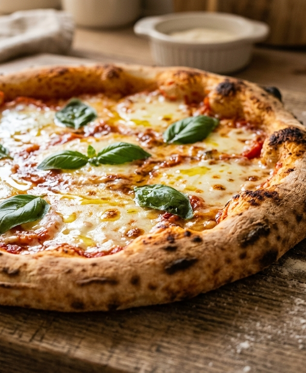 Pizza casera recién horneada con queso derretido y albahaca sobre una tabla de madera.