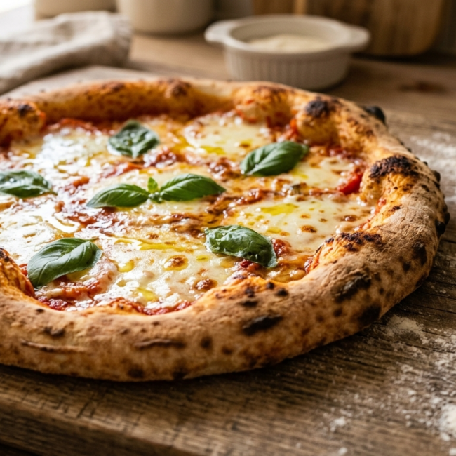 Pizza casera recién horneada con queso derretido y albahaca sobre una tabla de madera.