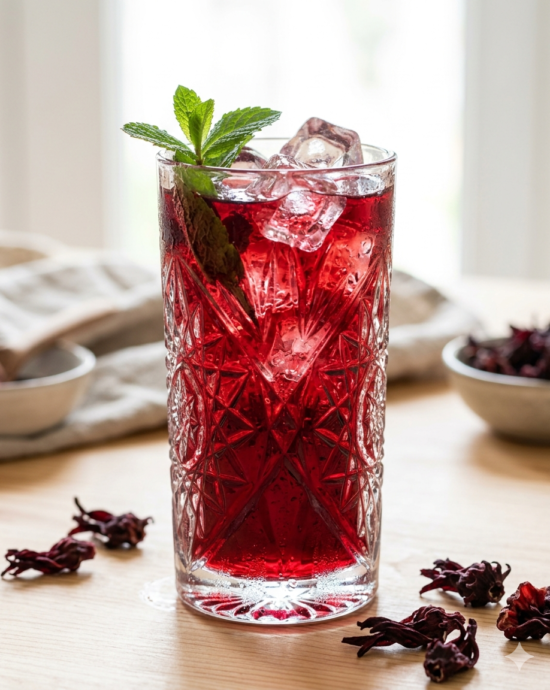 Jarra de vidrio transparente con agua de jamaica sin azúcar de intenso color rubí, decorada con hojas de menta fresca y cubos de hielo. Fecha entrega: 27 de julio de 2026