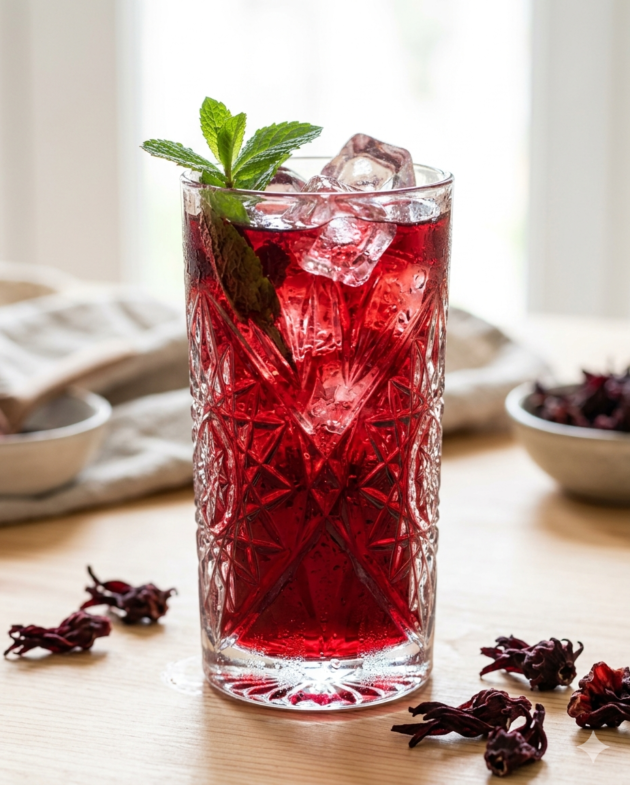 Jarra de vidrio transparente con agua de jamaica sin azúcar de intenso color rubí, decorada con hojas de menta fresca y cubos de hielo. Fecha entrega: 27 de julio de 2026