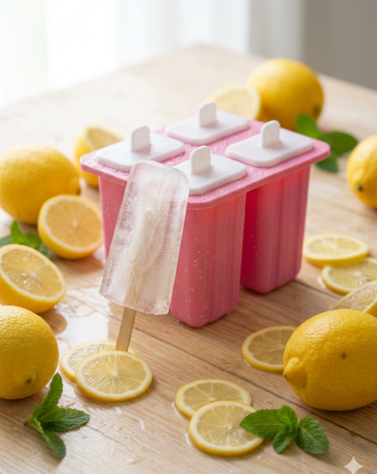 Paletas de hielo de limón caseras y traslúcidas, colocadas sobre una superficie de madera clara.