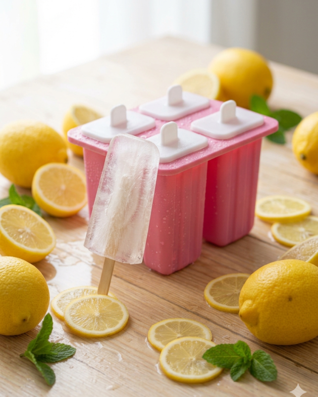 Paletas de hielo de limón caseras y traslúcidas, colocadas sobre una superficie de madera clara.