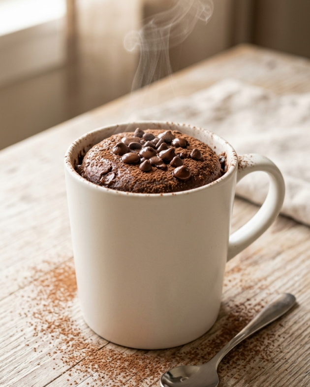 Panqué de chocolate en taza esponjoso con chispas de chocolate derretidas en la superficie, sobre una mesa de madera rústica.