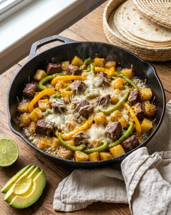 Plato con alambre de carne de res con pimientos verde y amarillo, papas cocidas y queso fundido.