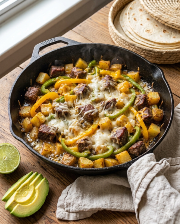 Plato con alambre de carne de res con pimientos verde y amarillo, papas cocidas y queso fundido.