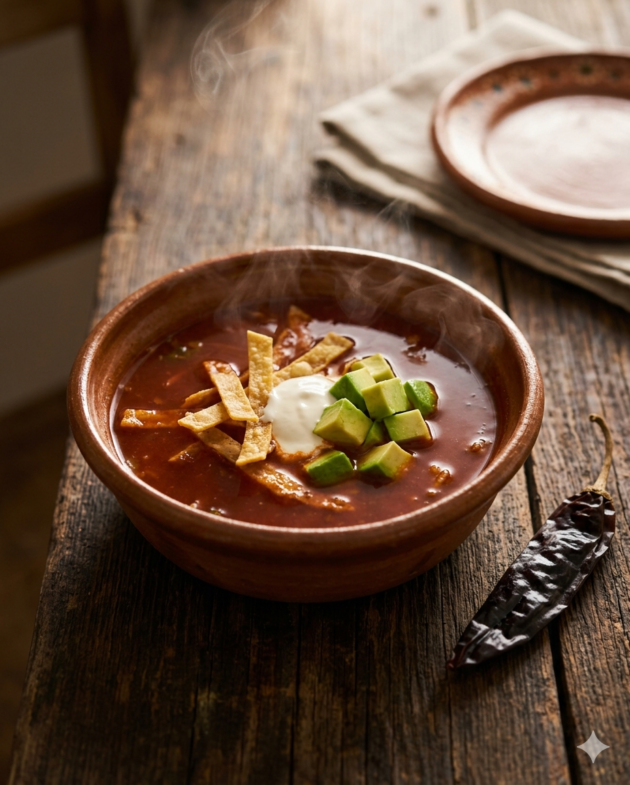 Plato hondo de barro con sopa azteca tradicional, adornada con tiras de tortilla frita crujiente, cubos de aguacate, queso fresco y crema.