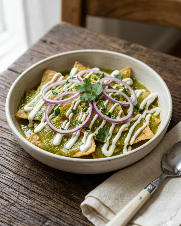 Plato hondo de cerámica rústica con chilaquiles verdes con pollo, bañados en salsa verde, crema agria, queso fresco desmoronado y aros de cebolla morada.