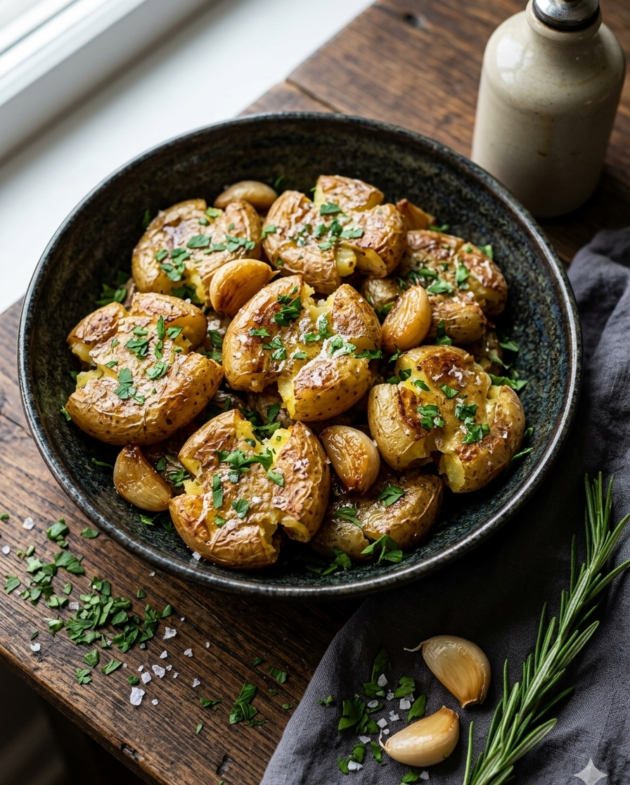 Plato hondo de cerámica rústica con papas cambray en freidora de aire doradas al ajillo, adornadas con perejil fresco picado y ajos enteros dorados.