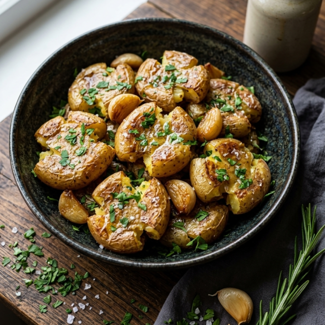 Plato hondo de cerámica rústica con papas cambray en freidora de aire doradas al ajillo, adornadas con perejil fresco picado y ajos enteros dorados.