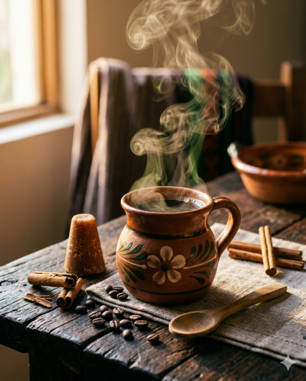 Taza de barro artesanal con café de olla tradicional humeante, acompañado de un cono de piloncillo y una ramita de canela sobre una mesa rústica.