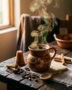 Taza de barro artesanal con café de olla tradicional humeante, acompañado de un cono de piloncillo y una ramita de canela sobre una mesa rústica.