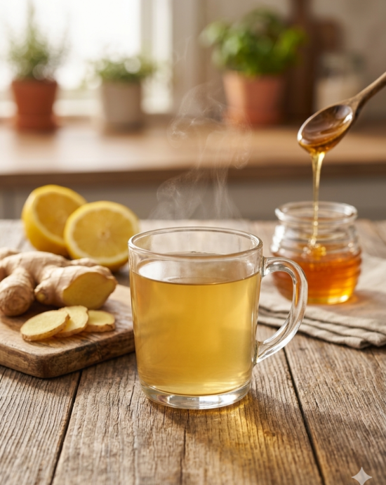Taza transparente de té de jengibre humeante con rodajas de limón fresco y raíz de jengibre.
