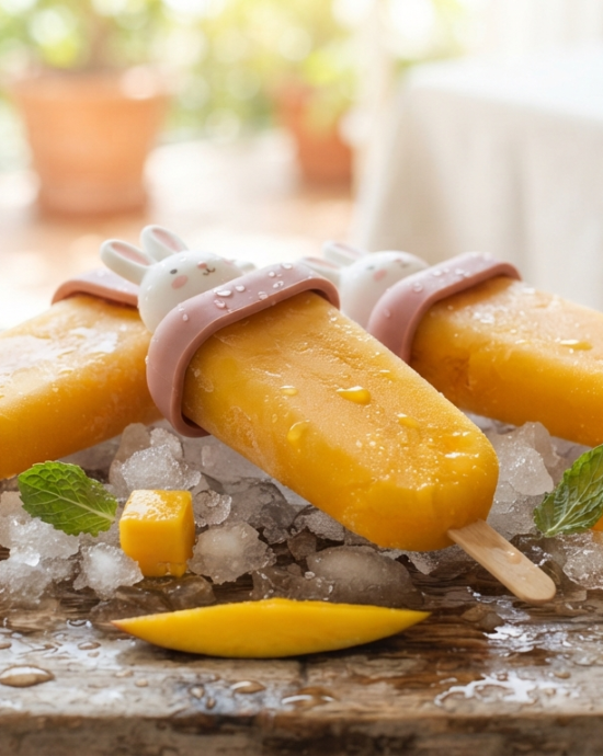 Paletas de hielo de mango natural sobre una superficie clara con fruta fresca y chamoy.