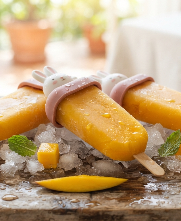 Paletas de hielo de mango natural sobre una superficie clara con fruta fresca y chamoy.