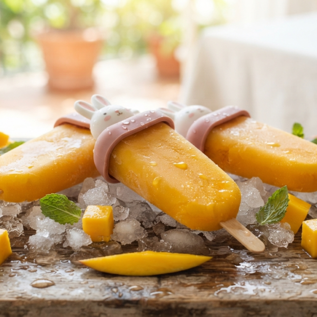 Paletas de hielo de mango natural sobre una superficie clara con fruta fresca y chamoy.