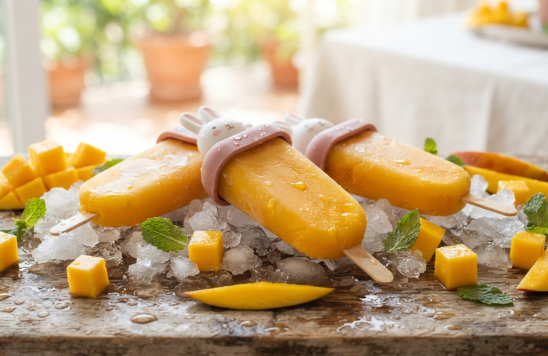 Paletas de hielo de mango natural sobre una superficie clara con fruta fresca y chamoy.