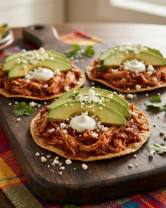 Deliciosas tostadas de tinga de pollo con crema, queso y aguacate sobre una mesa rústica.