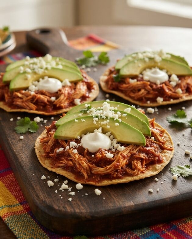 Deliciosas tostadas de tinga de pollo con crema, queso y aguacate sobre una mesa rústica.