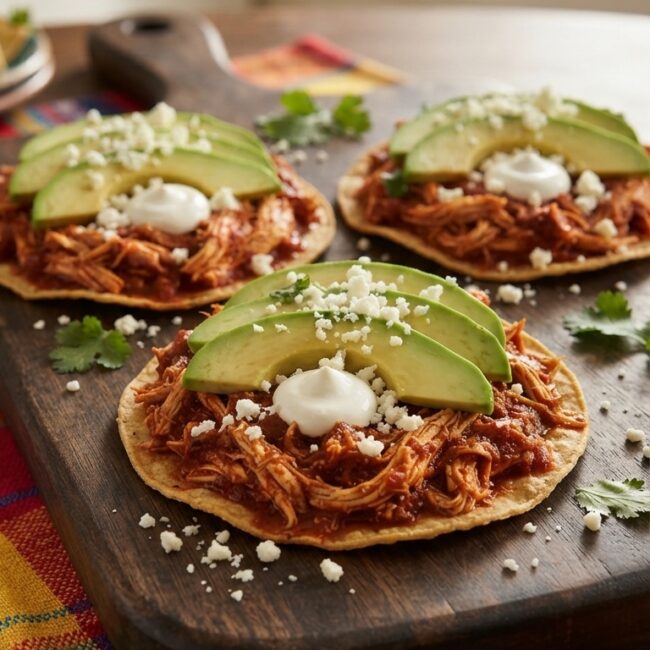 Deliciosas tostadas de tinga de pollo con crema, queso y aguacate sobre una mesa rústica.