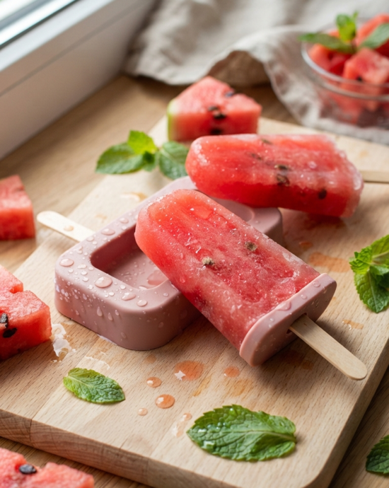 Paletas de hielo de sandía caseras de color rojo brillante en moldes, con trocitos de fruta y gotas de condensación sobre una mesa rústica clara.