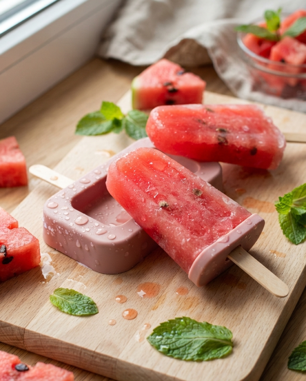 Paletas de hielo de sandía caseras de color rojo brillante en moldes, con trocitos de fruta y gotas de condensación sobre una mesa rústica clara.