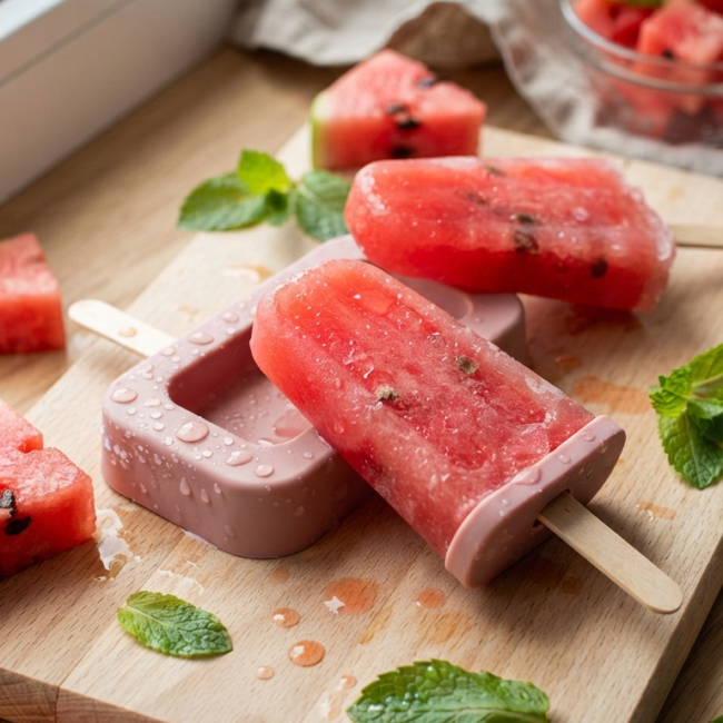 Paletas de hielo de sandía caseras de color rojo brillante en moldes, con trocitos de fruta y gotas de condensación sobre una mesa rústica clara.