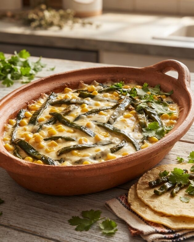 Plato de rajas con crema y elote caliente sobre un fondo de madera rústica con tortillas.