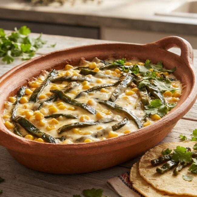 Plato de rajas con crema y elote caliente sobre un fondo de madera rústica con tortillas.