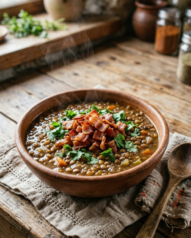 Plato hondo de sopa de guiso de lentejas con trozos de tocino crujiente y cilantro fresco.