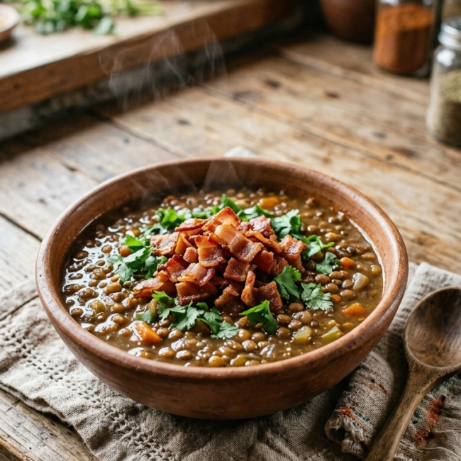 Plato hondo de sopa de guiso de lentejas con trozos de tocino crujiente y cilantro fresco.