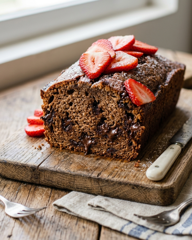 Rebanada de panqué de chocolate esponjoso con chispas, servido en un plato rústico.