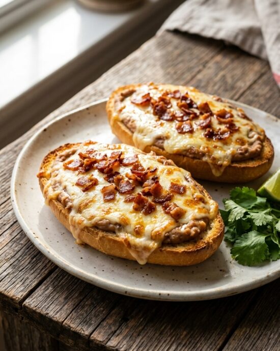 Deliciosos molletes en freidora de aire con frijoles refritos, queso fundido y trocitos de tocino crujiente sobre pan bolillo dorado.