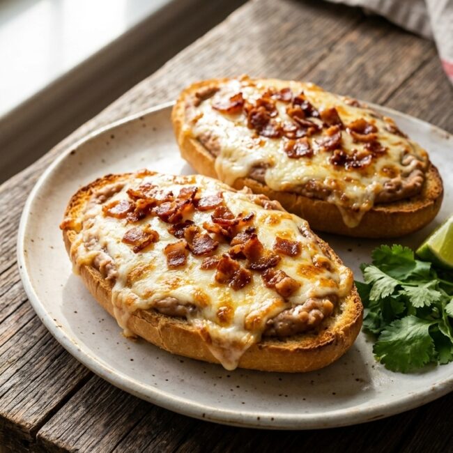 Deliciosos molletes en freidora de aire con frijoles refritos, queso fundido y trocitos de tocino crujiente sobre pan bolillo dorado.