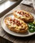 Deliciosos molletes en freidora de aire con frijoles refritos, queso fundido y trocitos de tocino crujiente sobre pan bolillo dorado.