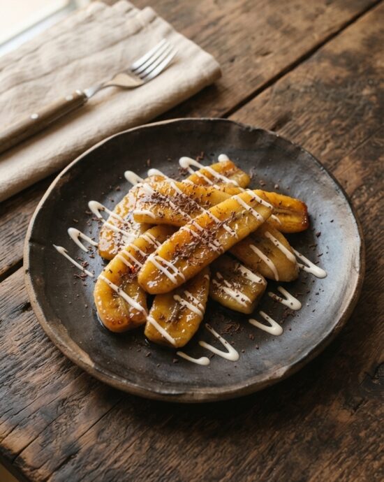 Plátanos machos fritos dorados y crujientes servidos con crema fresca y granillo de chocolate.