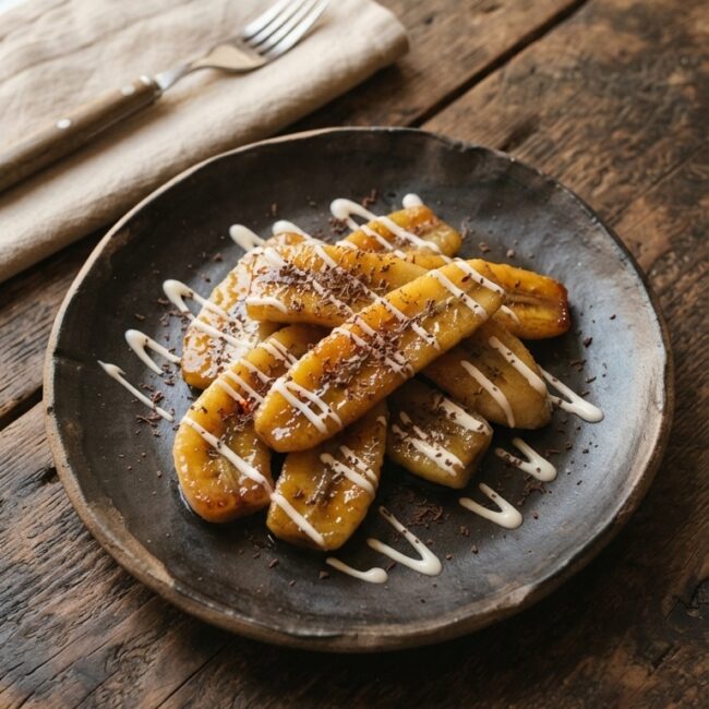 Plátanos machos fritos dorados y crujientes servidos con crema fresca y granillo de chocolate.