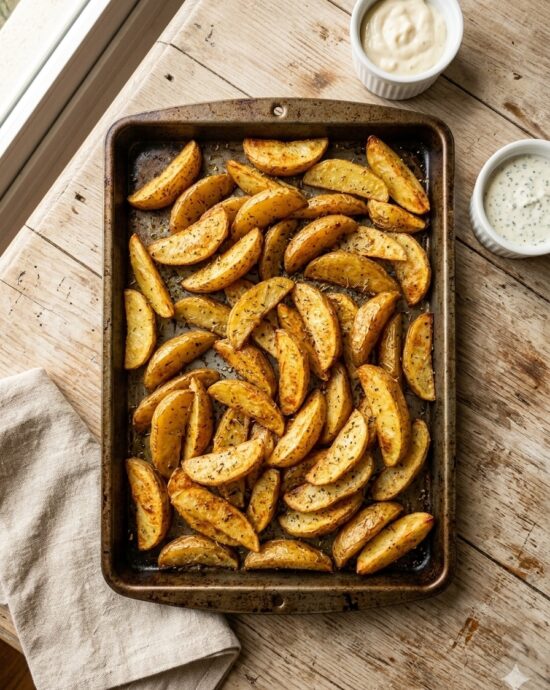 Plato con papas gajo crujientes y doradas recién salidas del horno con especias.