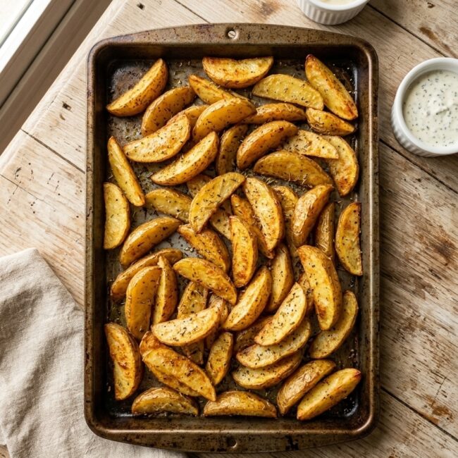 Plato con papas gajo crujientes y doradas recién salidas del horno con especias.