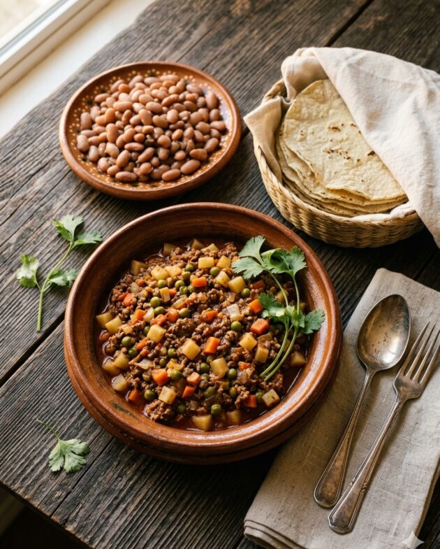 Plato hondo con picadillo de res con papa caldoso, acompañado de cubitos de zanahoria y servido con tortillas de maíz.
