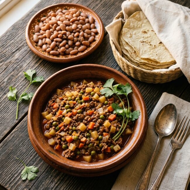 Plato hondo con picadillo de res con papa caldoso, acompañado de cubitos de zanahoria y servido con tortillas de maíz.