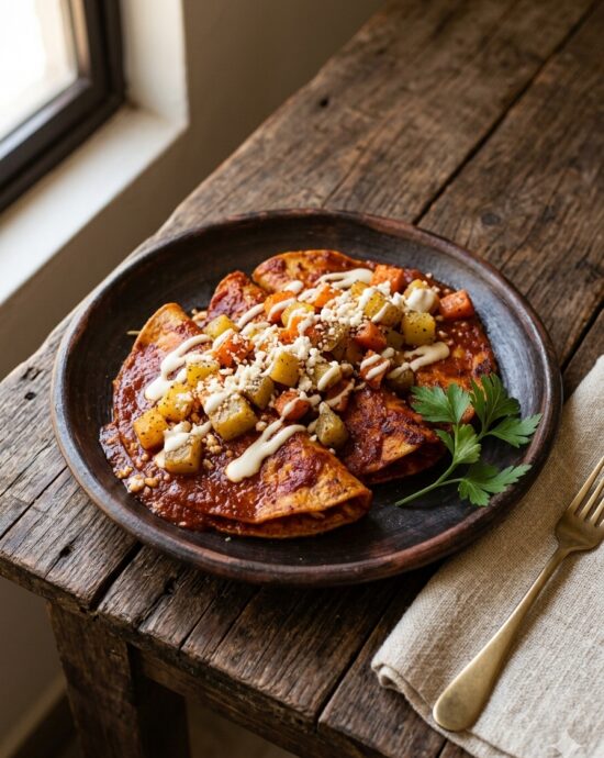Plato típico mexicano con enchiladas mineras originales bañadas en salsa de chile guajillo, decoradas con papas, zanahorias, queso fresco y crema.