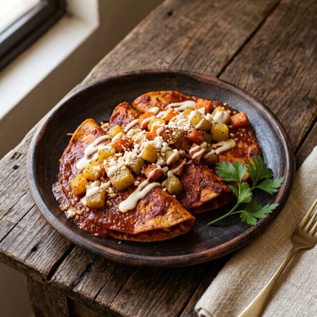 Plato típico mexicano con enchiladas mineras originales bañadas en salsa de chile guajillo, decoradas con papas, zanahorias, queso fresco y crema.