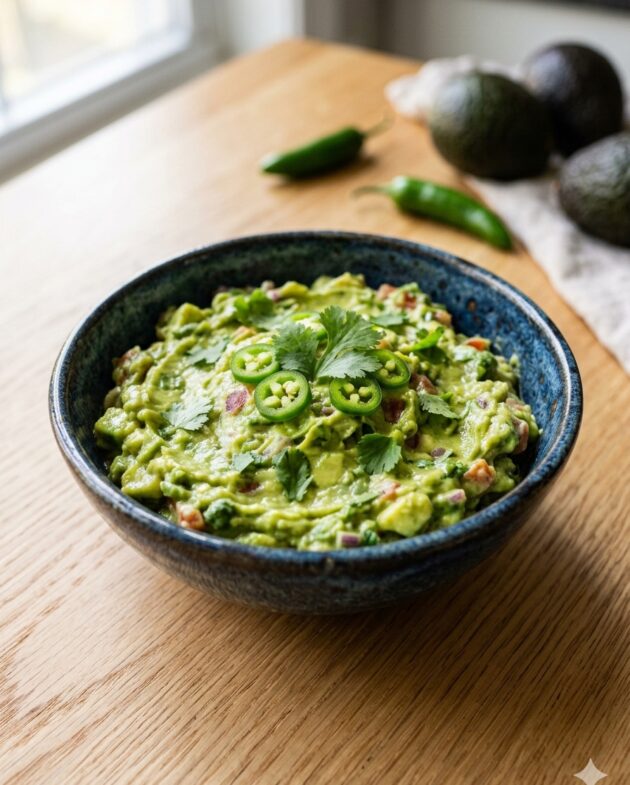 Tazón de guacamole alto en proteína con yogur griego y cilantro fresco, acompañado de totopos crujientes.